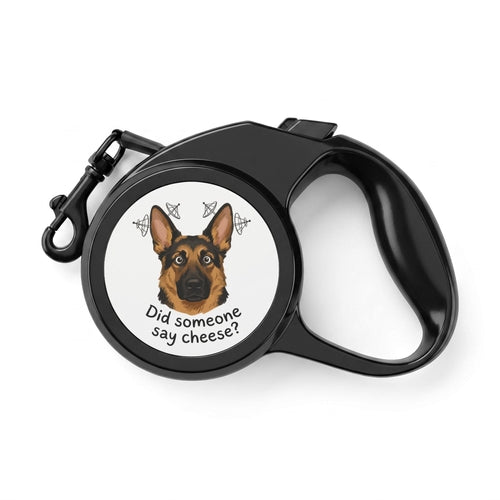 Retractable dog leash with a 'Did someone say cheese?' German Shepherd design