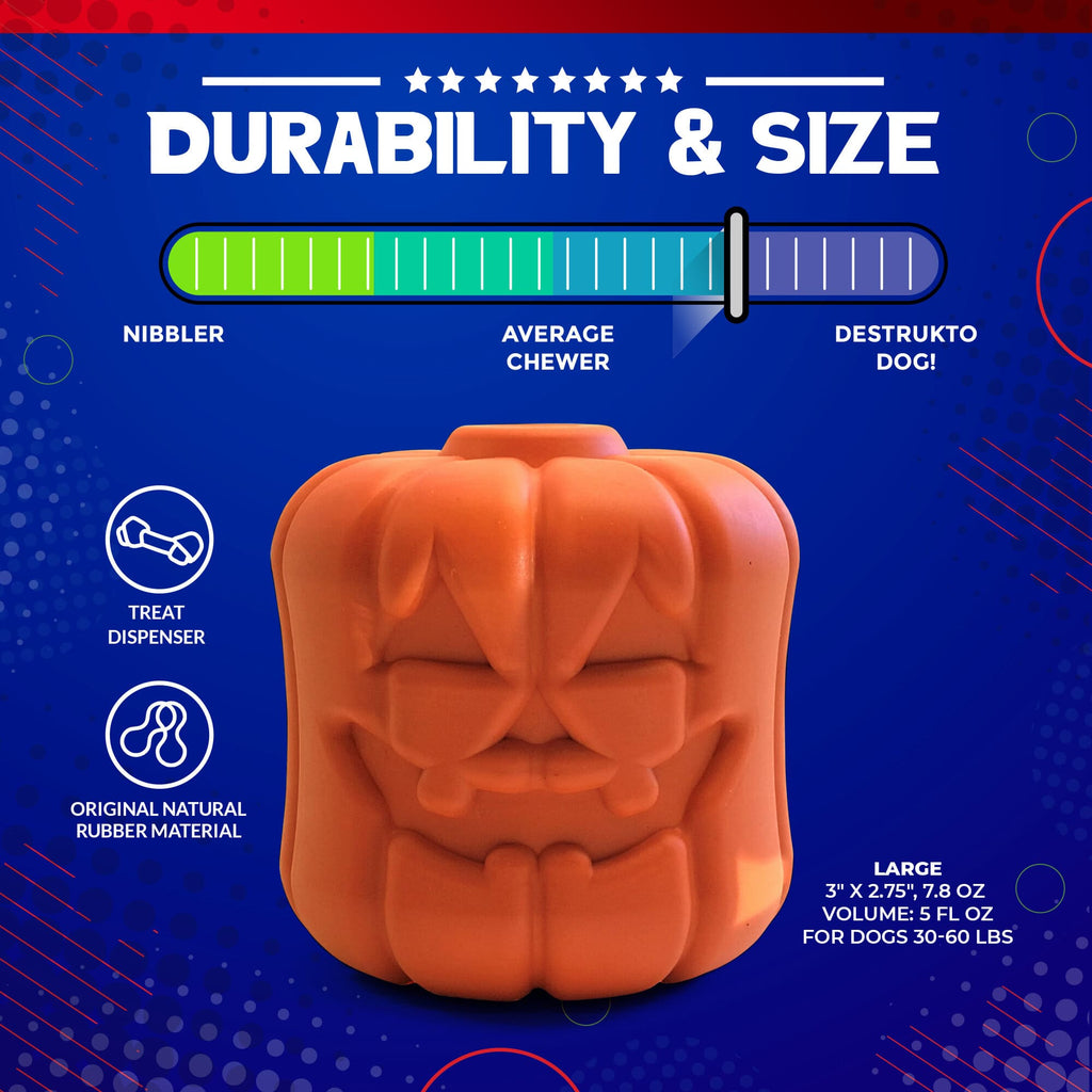 Jack O' Lantern dog toy durability and size guide