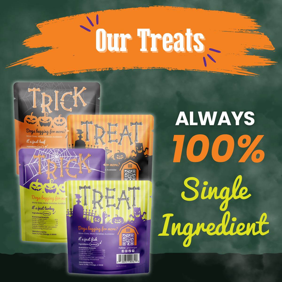 Back of Farm to Pet Halloween dog treat bags