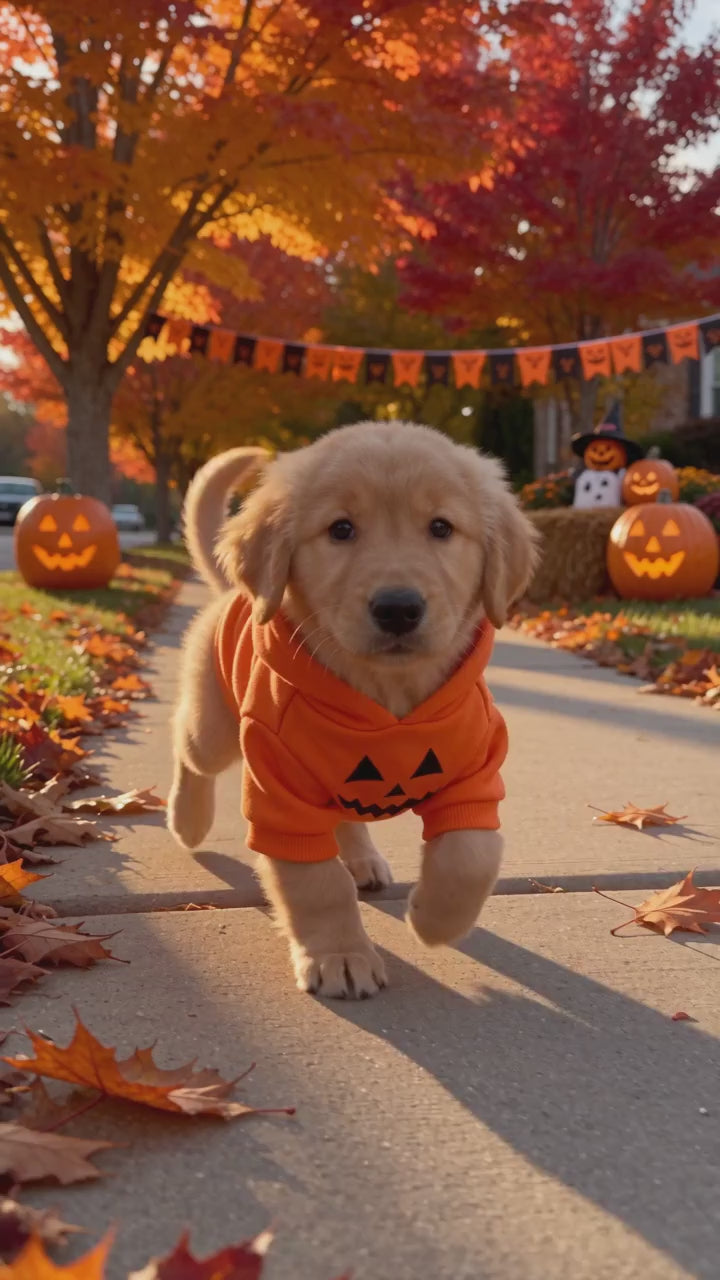 Dog wearing the pumpkin face Halloween pet hoodie