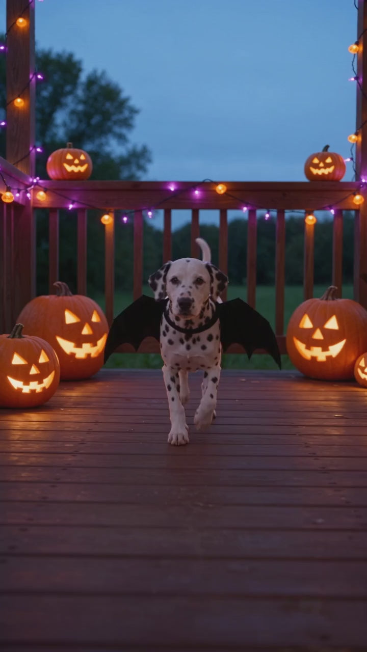 Dog wearing the bat wings Halloween costume
