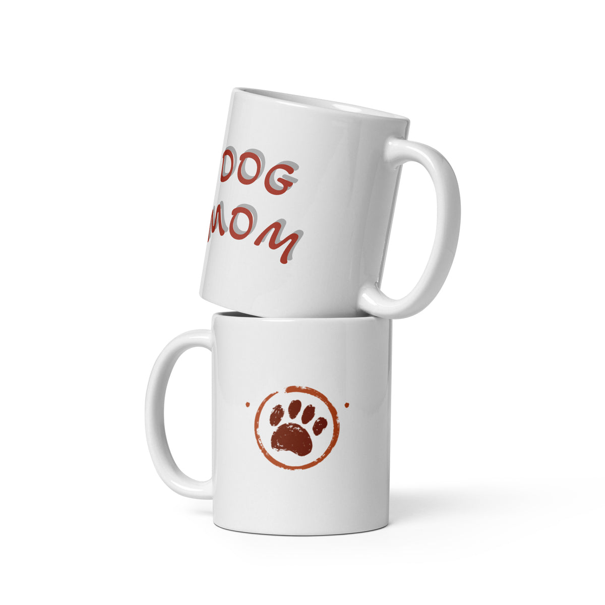 Dog Mom paw print white glossy mug, front view