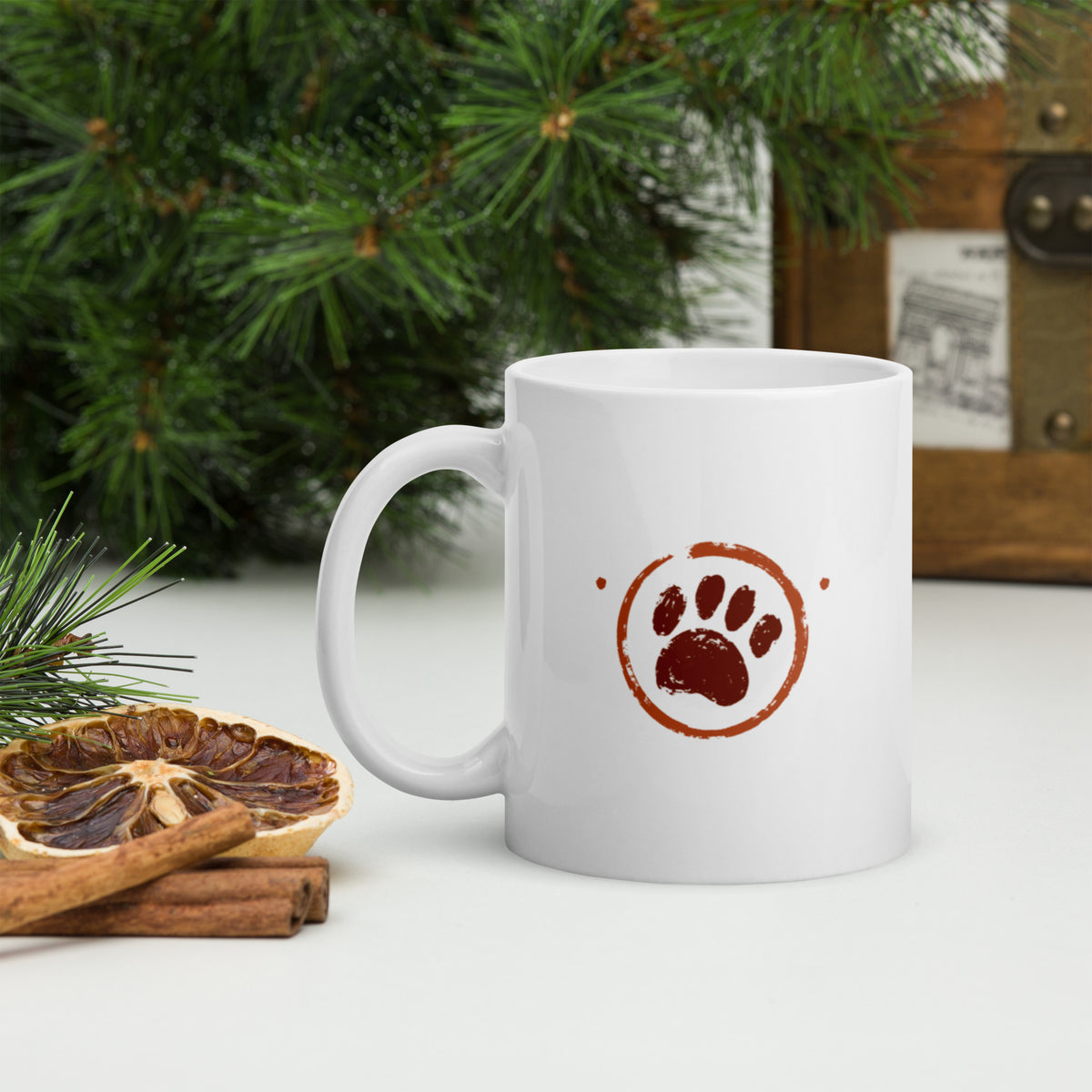 Dog Mom paw print mug with handle on the left